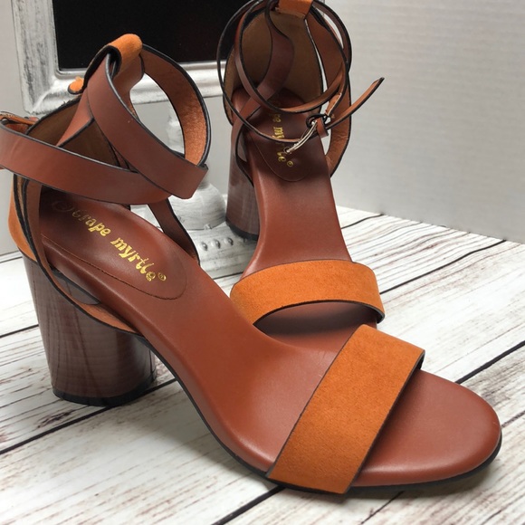 Crepe Myrtle Shoes - SOLD Leather Cognac Brown Ankle Strap Sandal Heel